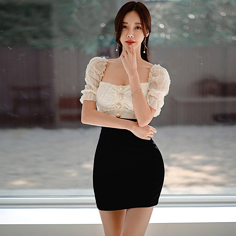 Women's Temperament Square Neck Lace Stitching Small Pack Hip Skirt