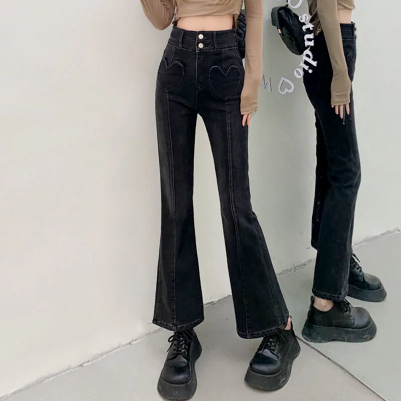 Hot Girl Love Jeans Women's High Waist Slim Design Micro-Flare Straight Pants