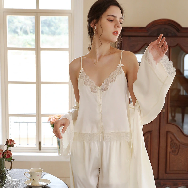 Women's Thre  Piece Suspender Pajamas Spring And Summer Silk Gentle