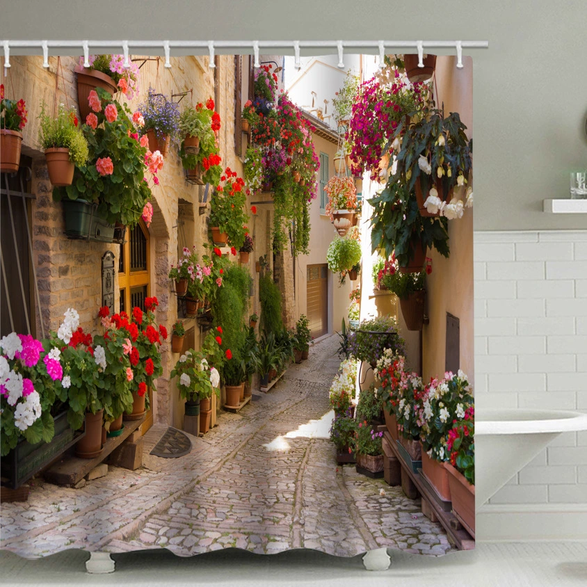 Printed Polyester Waterproof Flower Street Shower Curtain