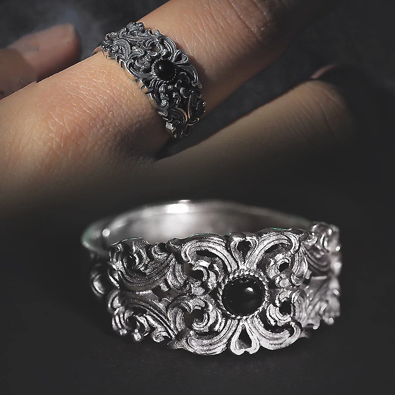 Antique Auspicious Floral Sterling Silver Ring