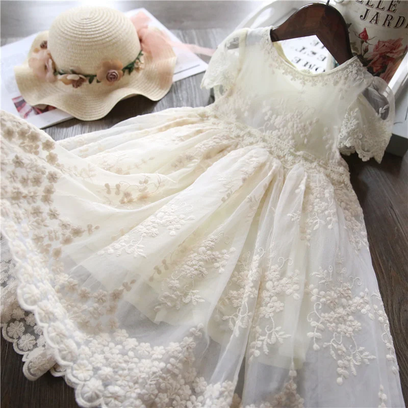 Children Girls' Short Sleeve Lace Spring And Autumn Princess Dress