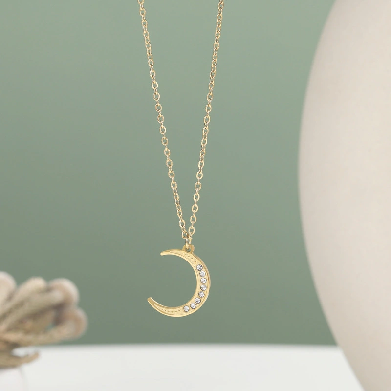 Micro Diamond Crescent Pendant Titanium Steel Necklace