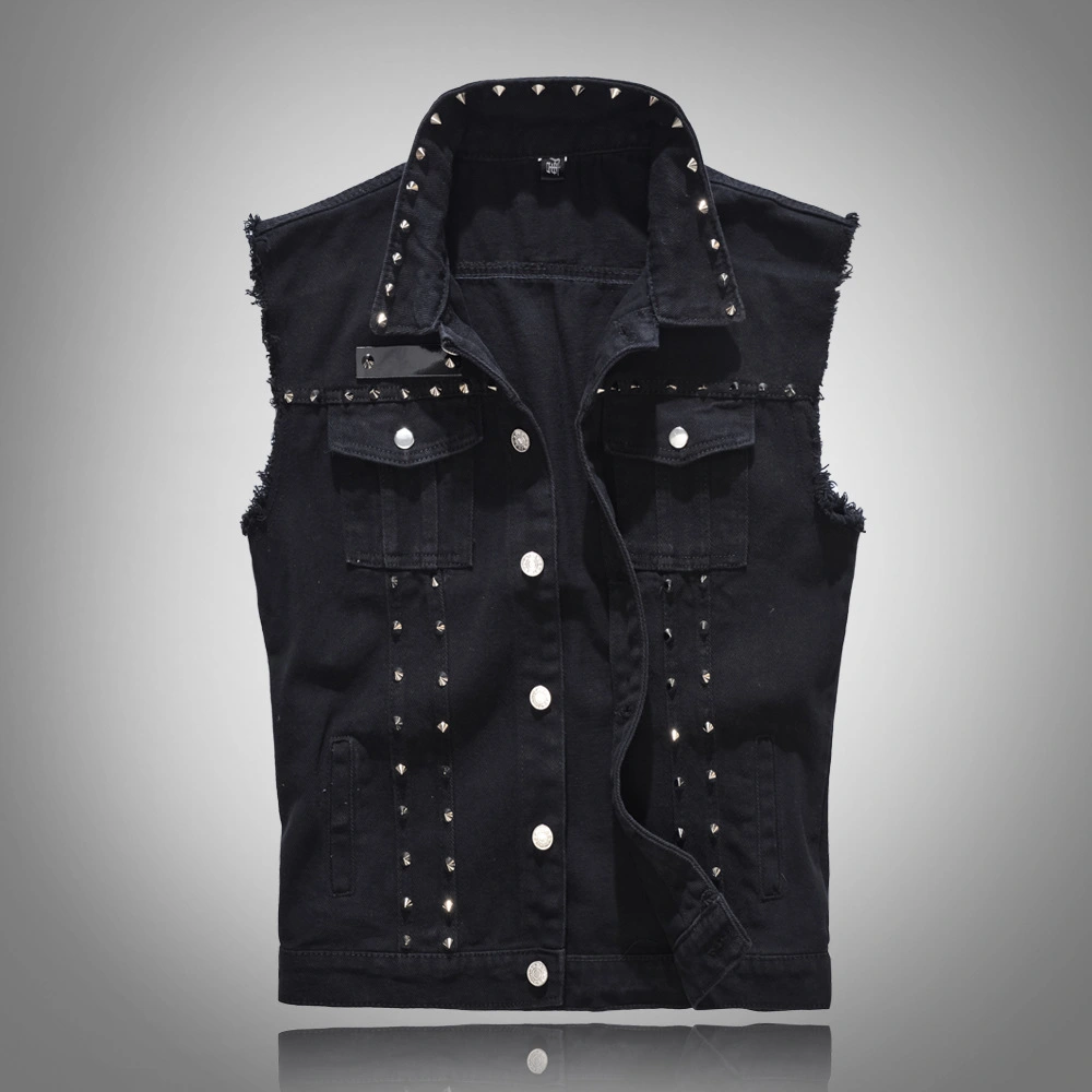 Trendy Men's Spring, Summer And Autumn Black Large Size Vest Motorcycle Foreign Trade Rivet Vest Korean Style Slim Waistcoat Vest