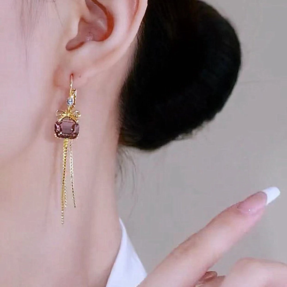 Niche Design Amethyst Bow Knot Tassel Earrings