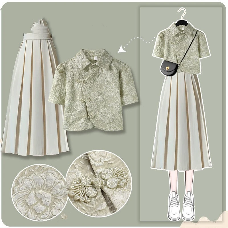 Polo Collar Short Sleeve Pleated Skirt Literary Two-piece Suit