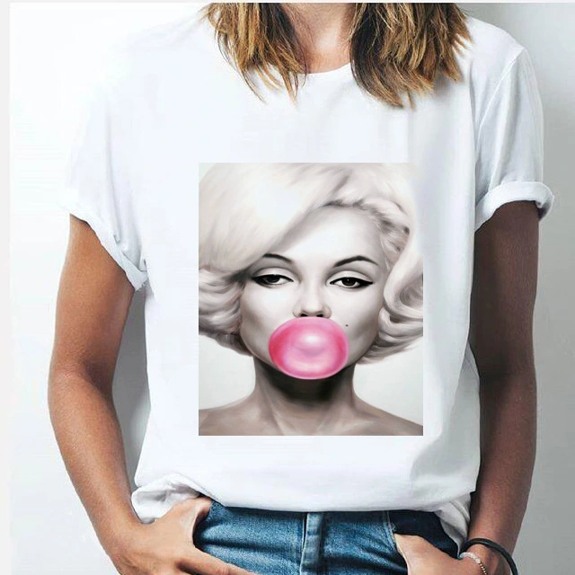 Summer Bubble Blowing Girl Cartoon Print Women's Loose Short Sleeve White Round Neck T-shirt