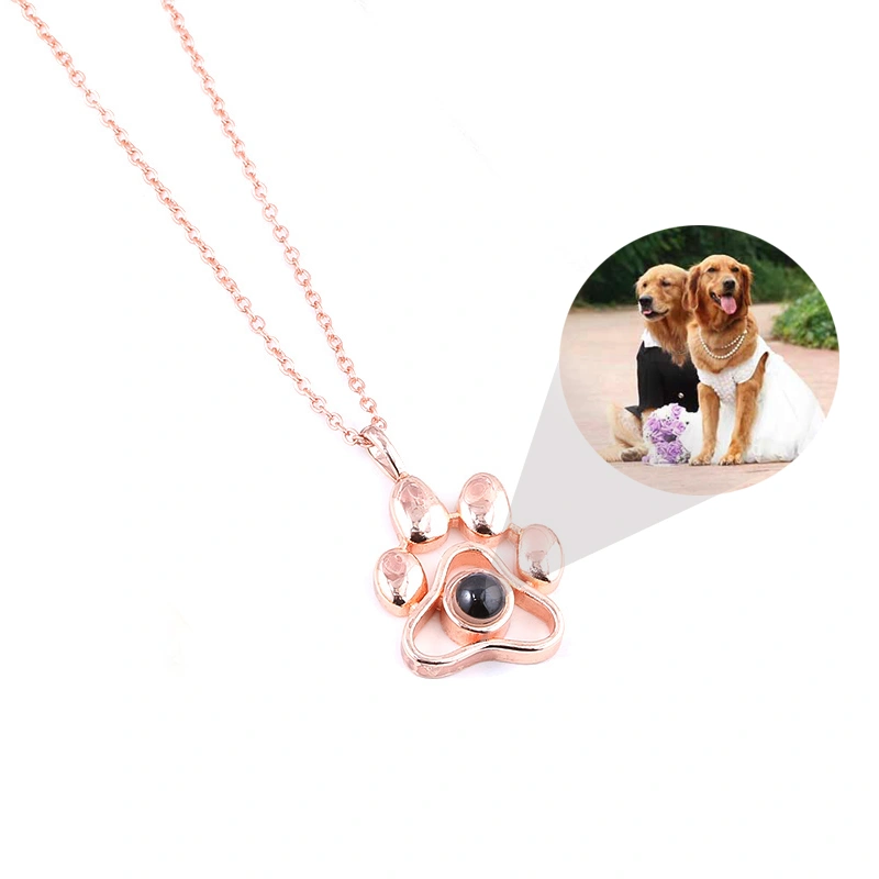 Customized Silver Cute Footprint Colorful Photos Projection Necklace