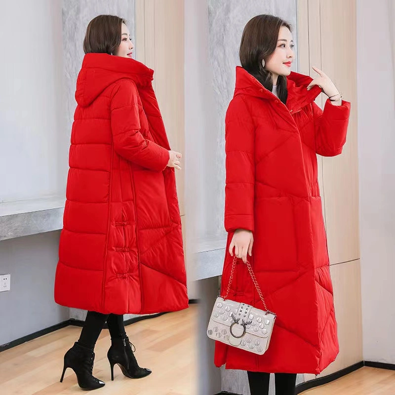 Long Knee Length Cotton Padded Jacket Women's Medium Long Vintage Bright Red Cotton Padded Jacket Cotton Padded Jacket