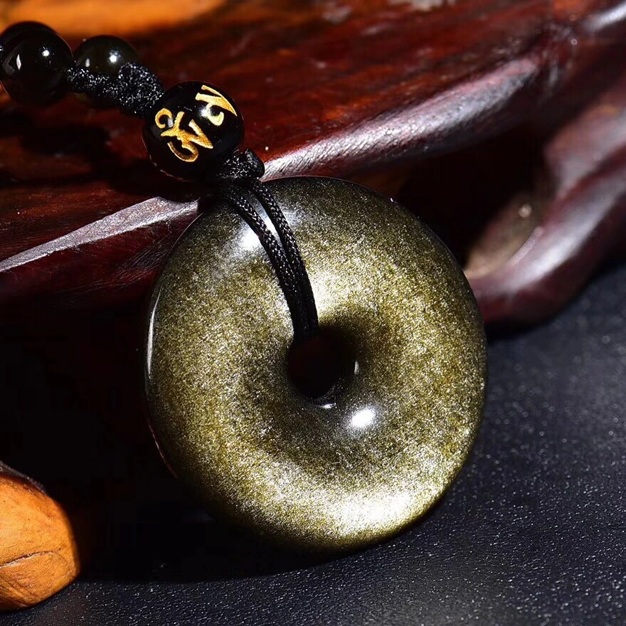 Natural Gold Obsidian Peace Clasp Transit Circle Pendant