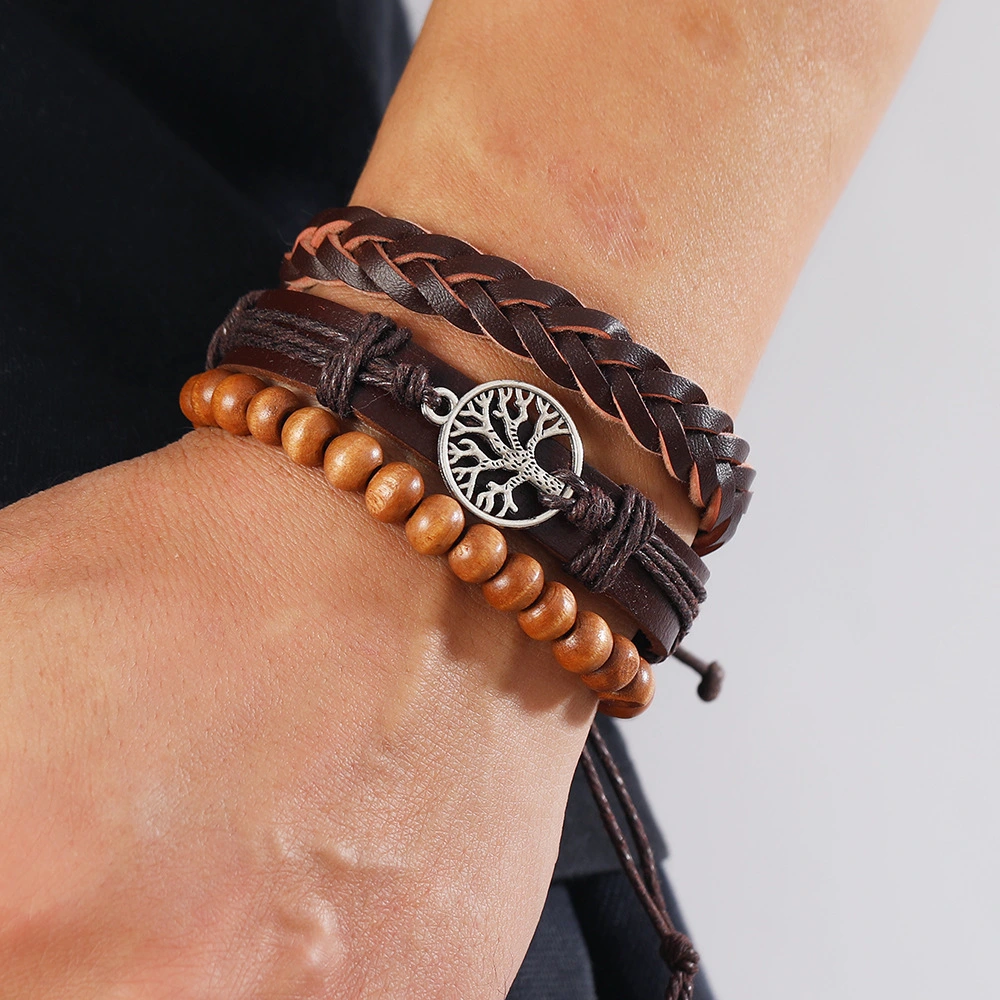 Personality Handmade Weave Vintage Leather Bracelet Diy5 Piece Set Lucky Tree Set Bracelet