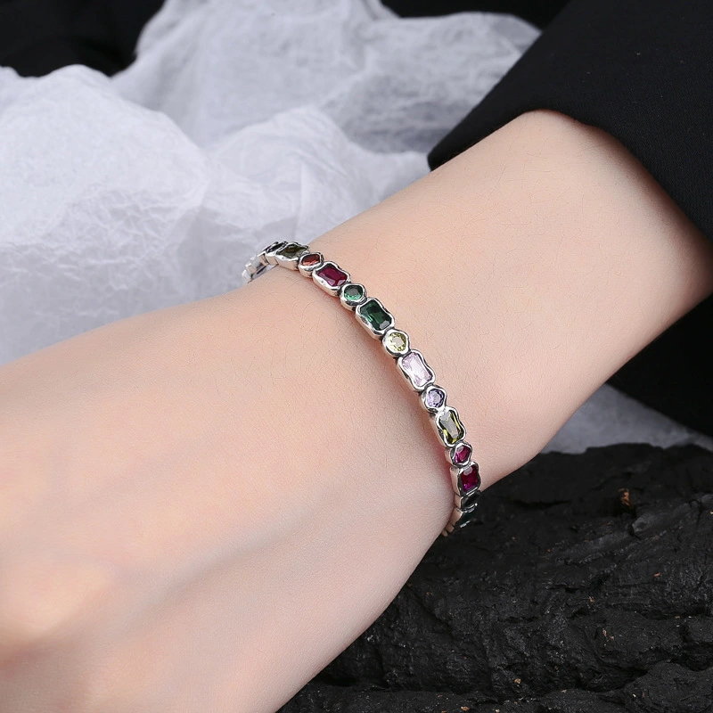 Vintage Geometric Diamond Rainbow Zircon Silver Bracelet Girl