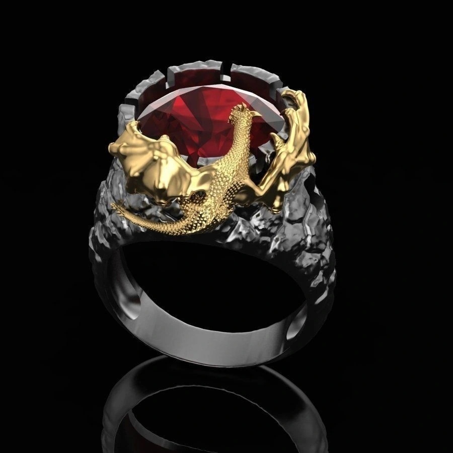 Personalized Gold Two-tone Ruby Dragon Ring New Men's Ring