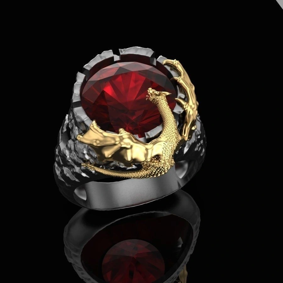 Personalized Gold Two-tone Ruby Dragon Ring New Men's Ring