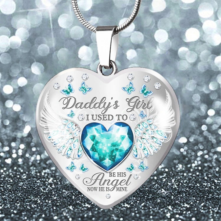 Colorful Fashion Daddy's Girl Parent-child Angel Wings Peach Heart Epoxy Necklace