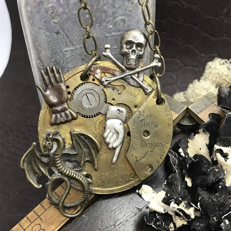 Skull Magic Sword Dragon Pendant Vintage Mechanical Necklace