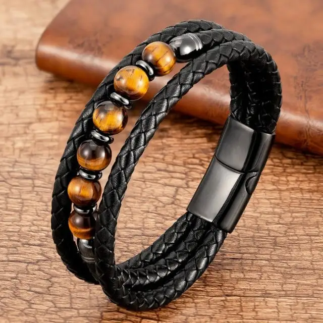 Fashion Woven Three-layer Round Stone Leather Cord Bracelet