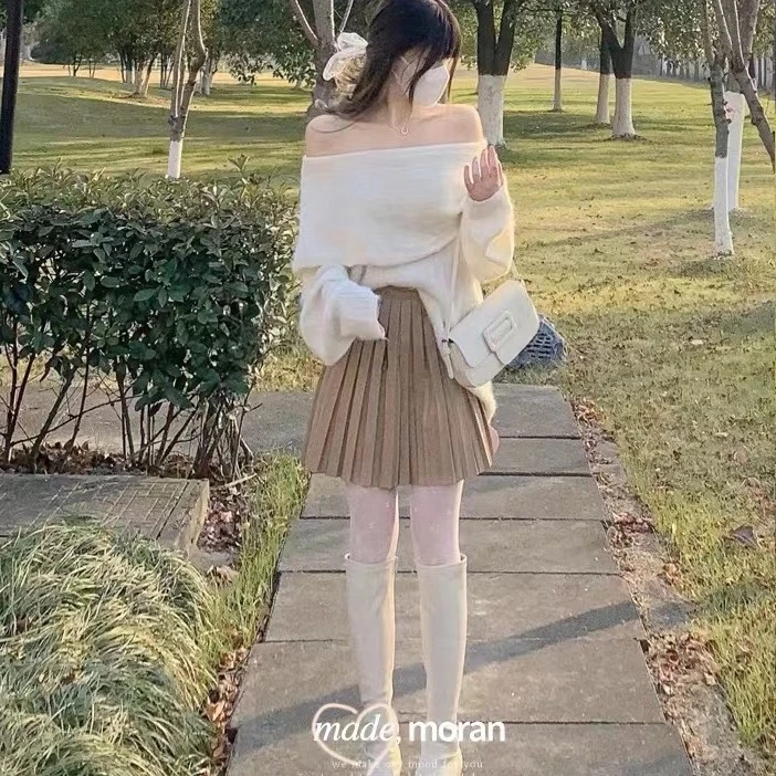 Gentle Wind A Shoulder Mahai Sweater Art Student Lazy Mesh Half-body Skirt Two-piece Suit Autumn