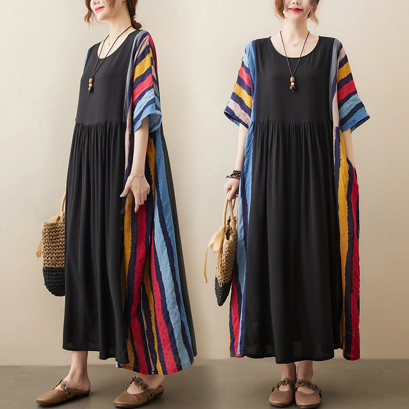 Loose Paneled Contrast Cotton And Linen Short Sleeve Striped Dress