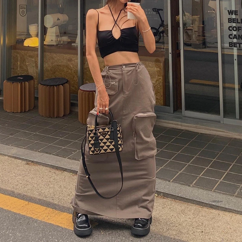 Women's Vintage Workwear Large Pocket Back Slit Skirt
