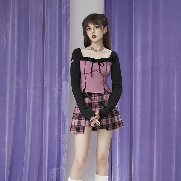 Square Collar Contrast Flare Sleeve T-Shirt