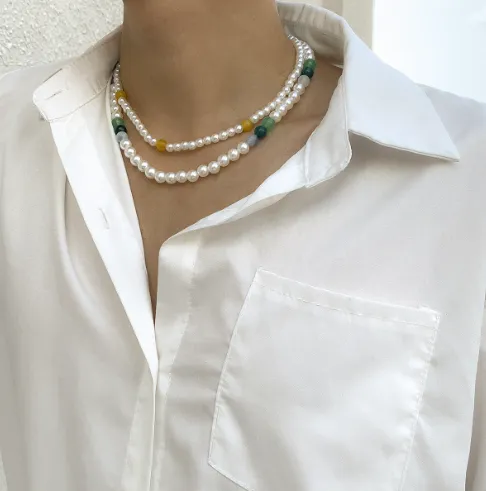 Double Layer Twin Colored Mosaic Pearl Men's Necklace