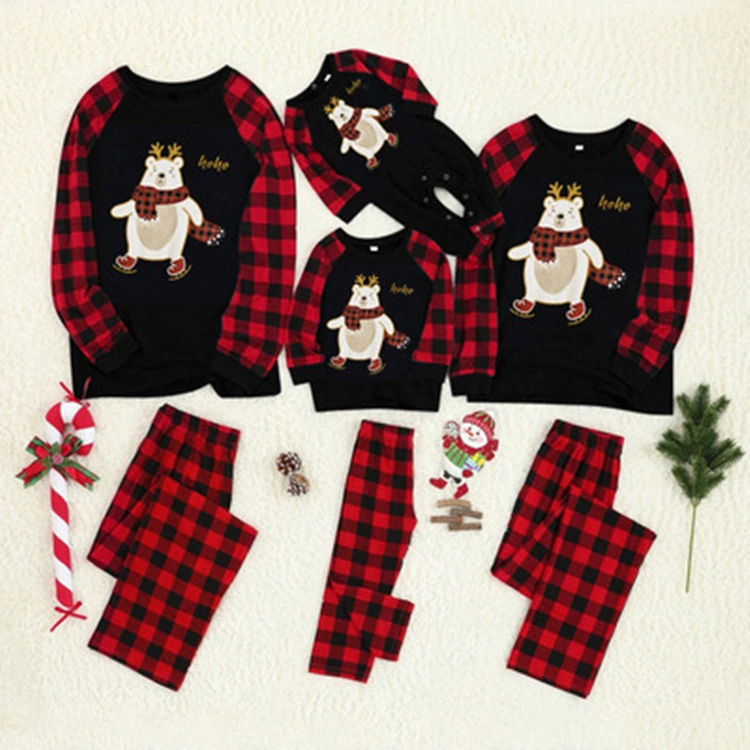 Ebay Christmas Plaid Cartoon Bear Printed Parent-child Wear Long Sleeve Pajamas Homewear Suit