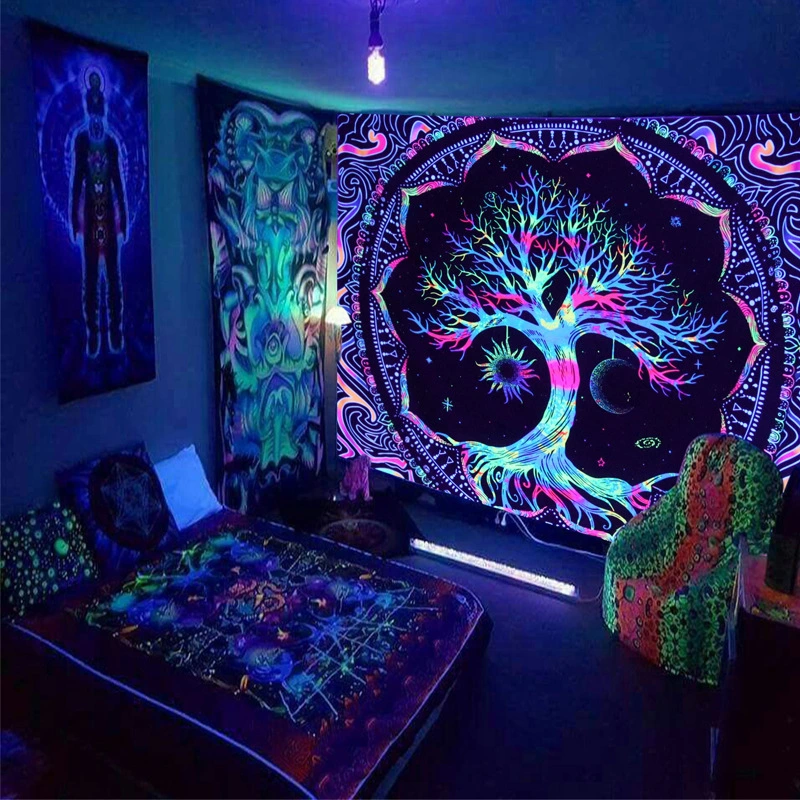 Cross-border Zinc Fluorescent Tapestry Tree Of Life Psychedelic Skull Starry Sky Black Light Background Fabric Dormitory Decorative Hanging Cloth