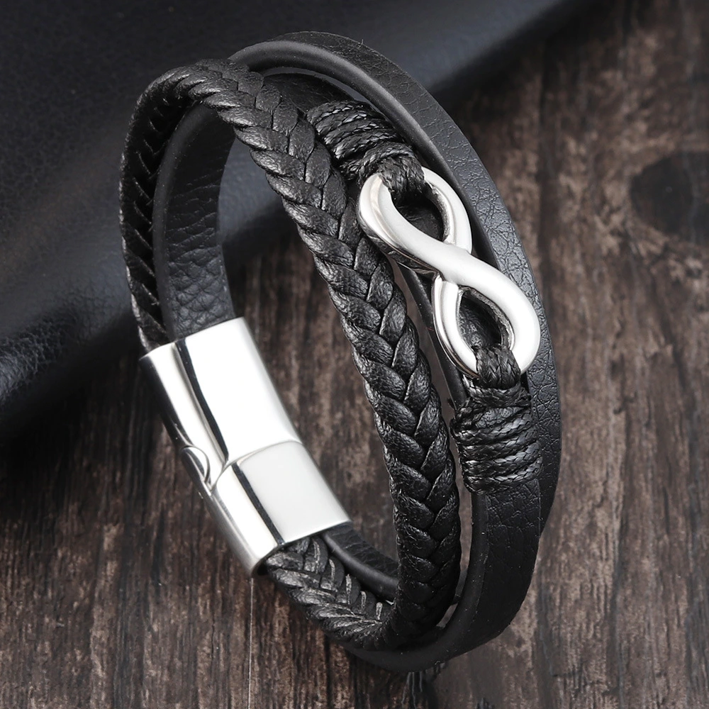 Leather Hand-woven Bracelet Authentic Leather Weave Multi-layer Men's Leather Bracelet 8 Words Stainless Steel Bracelet