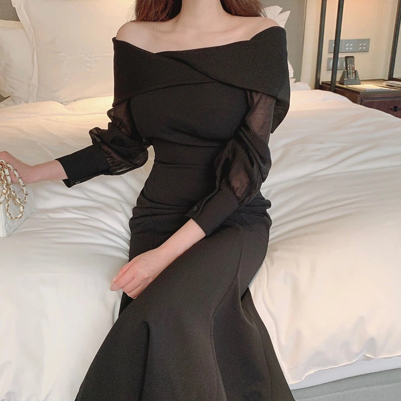 Strap Off-the-shoulder Bubble Sleeve Long Fishtail Dress Female