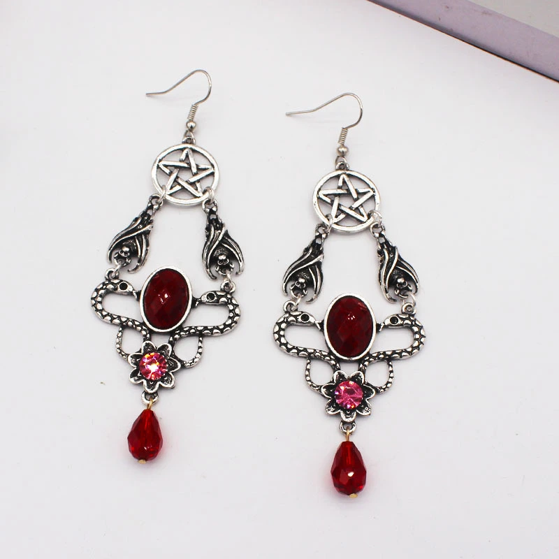 Women's Fashion Double Snake Water Drop Pentagram Earrings