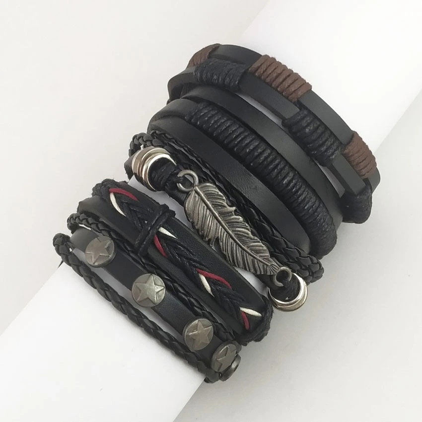 Multi Layer Leaf Feather Pu Leather Hand Fashion Bracelet