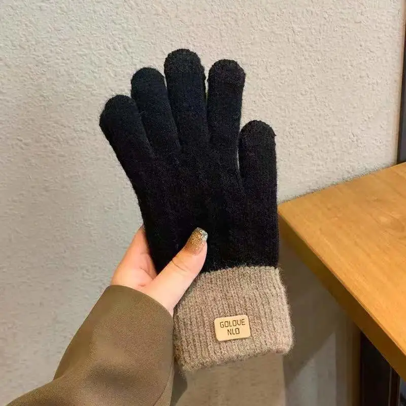 Winter Mittens Brown Striped Embroidered Warm Cycling Spot Universal Cartoon Gloves Ins