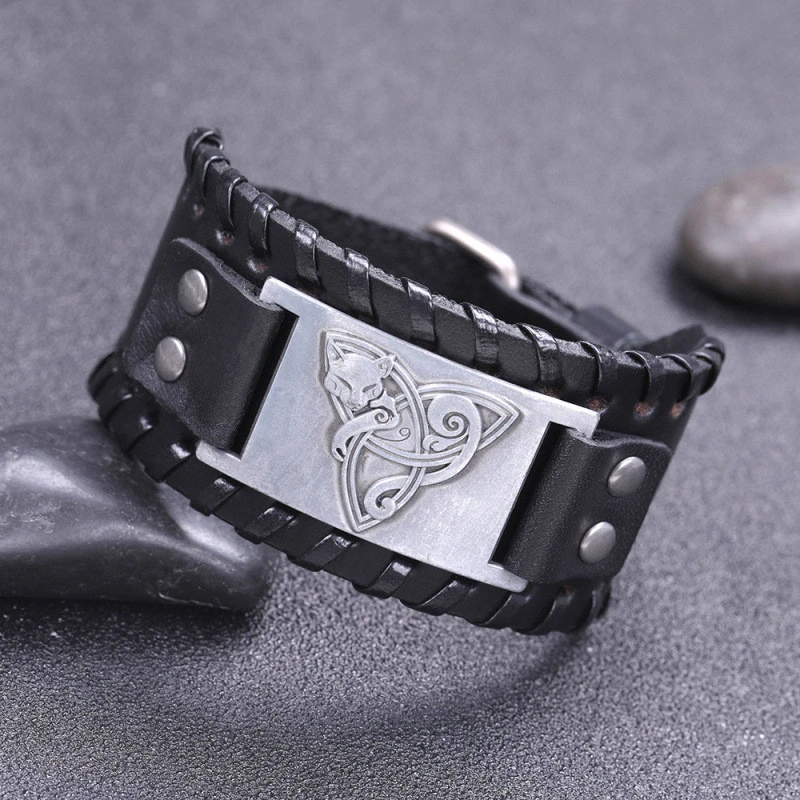 Men's Antique Silver Fox Retro Cattle Leather Bracelet