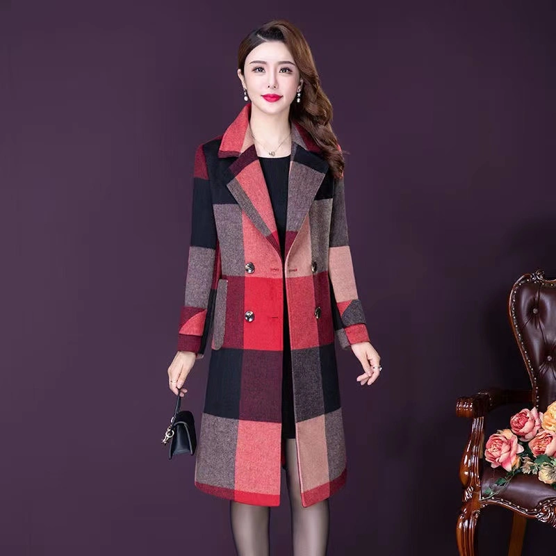Woolen Coat Women's Medium Long Waist Over Knee Plaid Woolen Coat