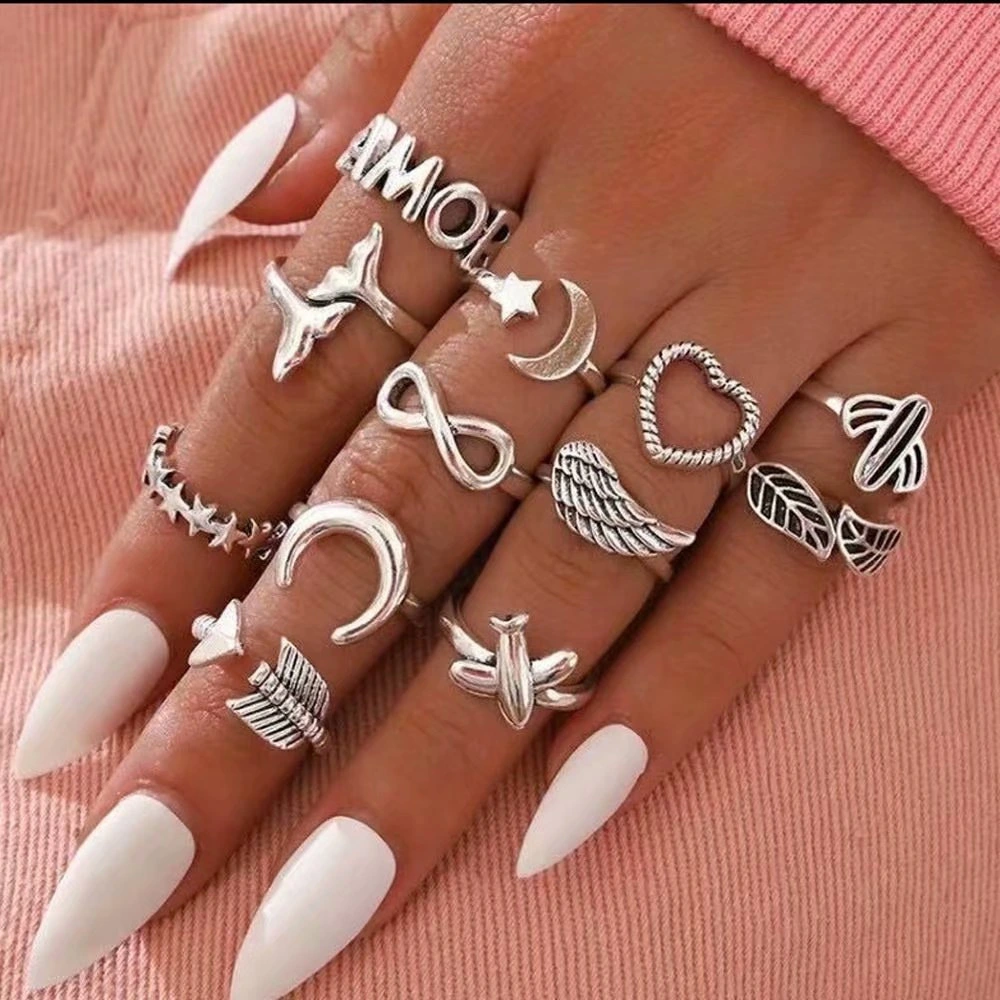 Love God Arrow Angel Wing Star Moon Cactus Ring Set