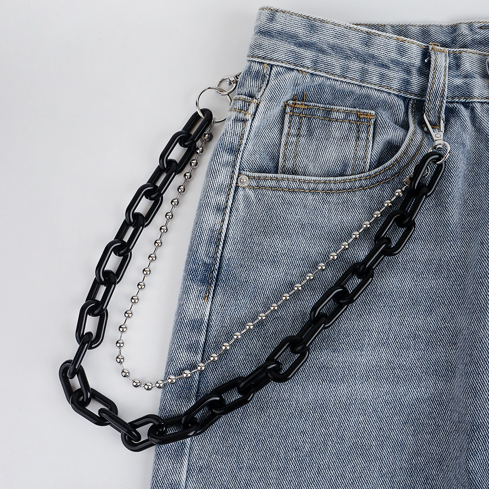 Black Acrylic Double Metal Pant Chain Male And Female Hip Hop Punk Street Dance Performance Waist Chain Decorated Jeans Accessories