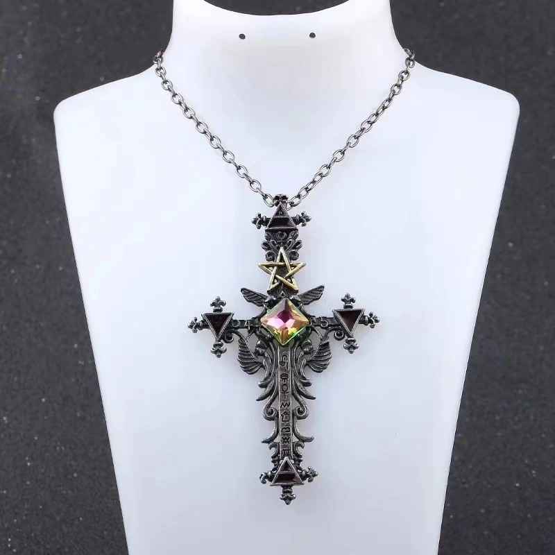 Angel Wings Embrace Colored Gemstone Cross Necklace