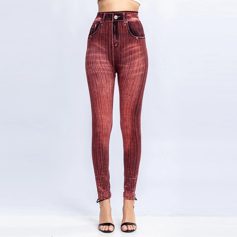 Vertical Stripes Imi Tation Denim Leggings  Slim Hip Cropped Trousers