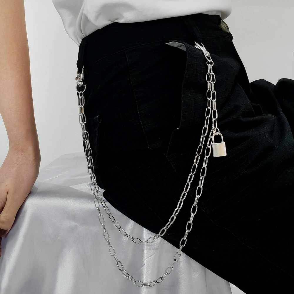 Double Metal Lockhead Chain Hip Hop Men And Women With Silver Punk Hollowed-out Chain Bundy Hip Hop Jeans Accessories