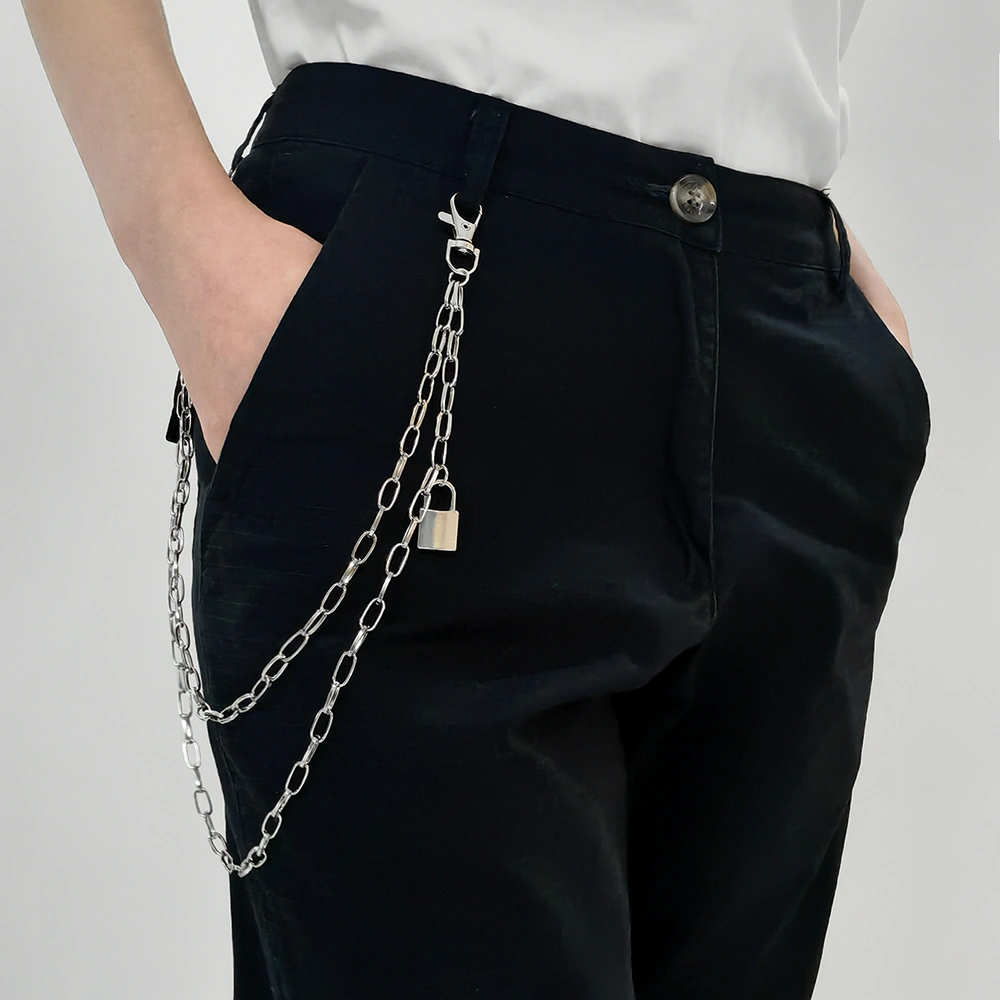 Double Metal Lockhead Chain Hip Hop Men And Women With Silver Punk Hollowed-out Chain Bundy Hip Hop Jeans Accessories