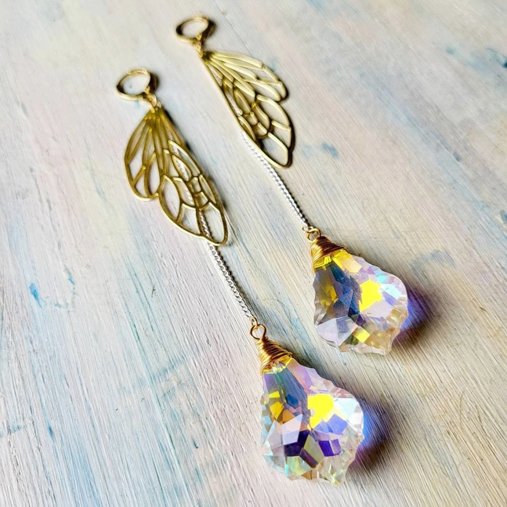 Gold Plated Pair Of Wings Drop Earrings Long Chain