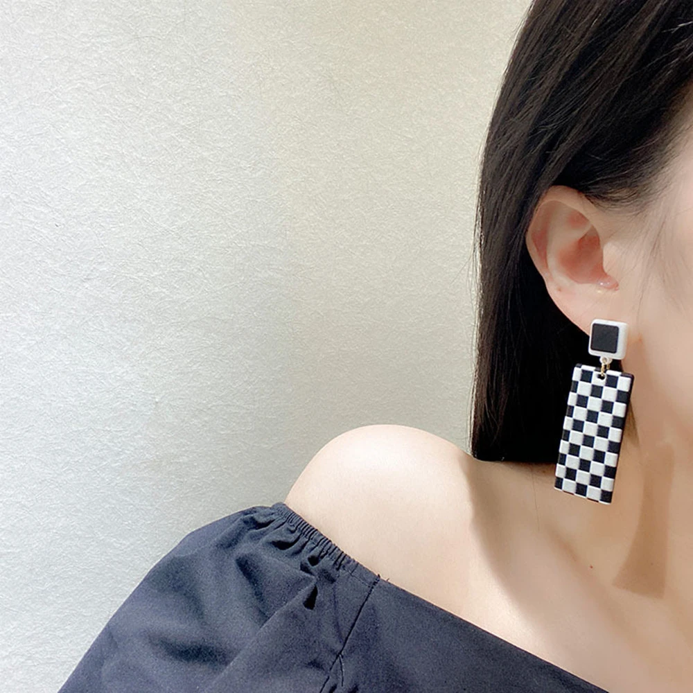 Fashion Personality Black And White Lattice Geometric Square Earrings