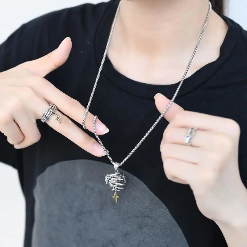 Praying Hands Bone Skull Cross Necklace