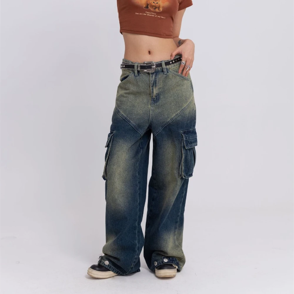 Unisex Street Fashion Loose Wash Workwear Denim Trousers