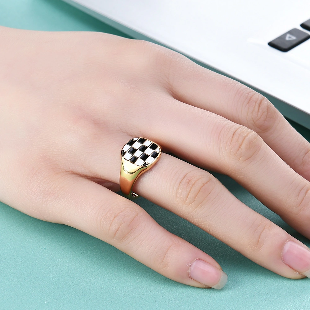 Square Black And White Checkerboard Gold Ring Titanium Steel