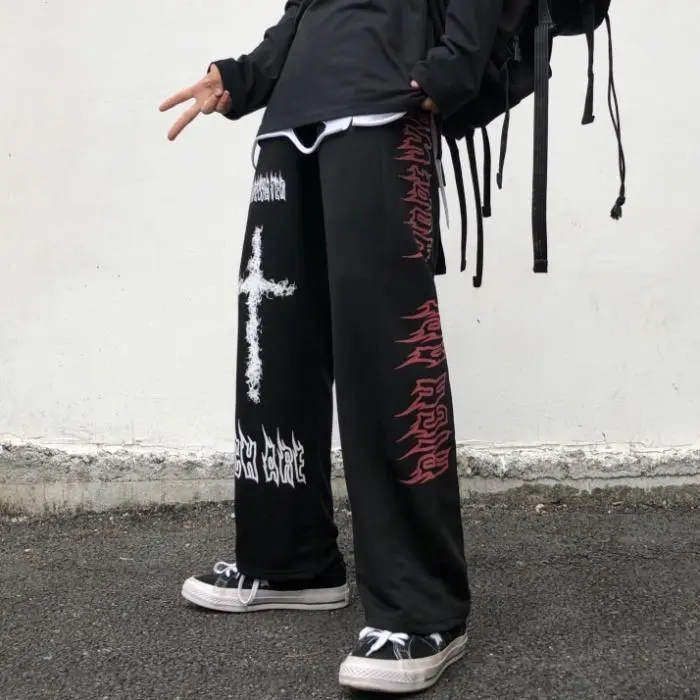 Japanese Dark Black Graffiti Straight Wide Leg Sanitary Pants Male