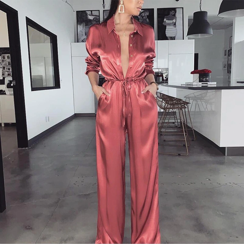Satin Button Deep V Season Waist One-piece