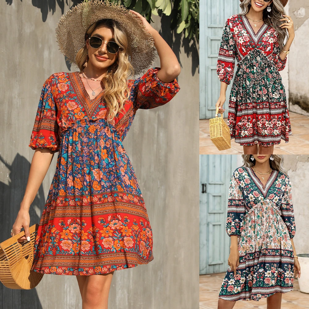 Women's Vintage V Neck Short Sleeve Print Dress