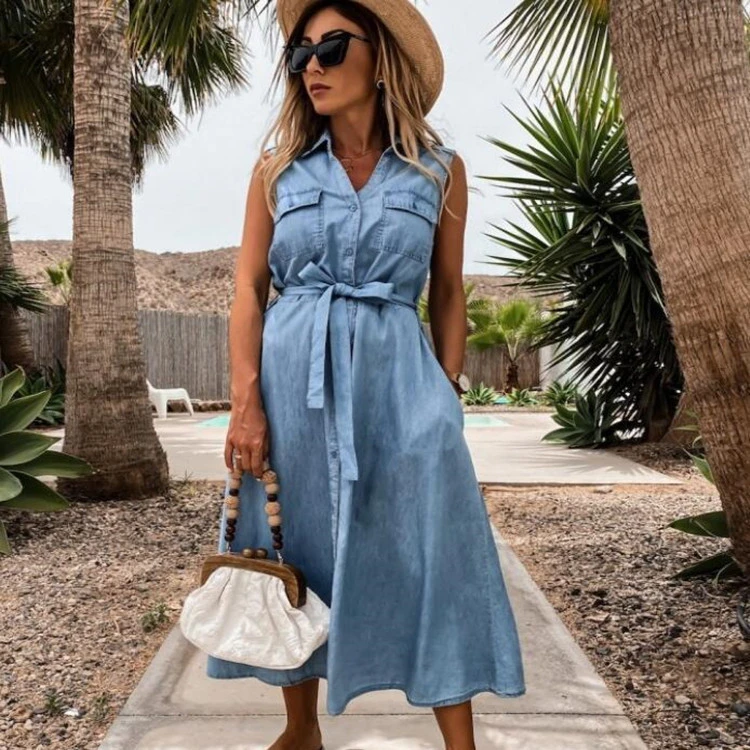 Sleeveless long lace-up single-breasted denim dress